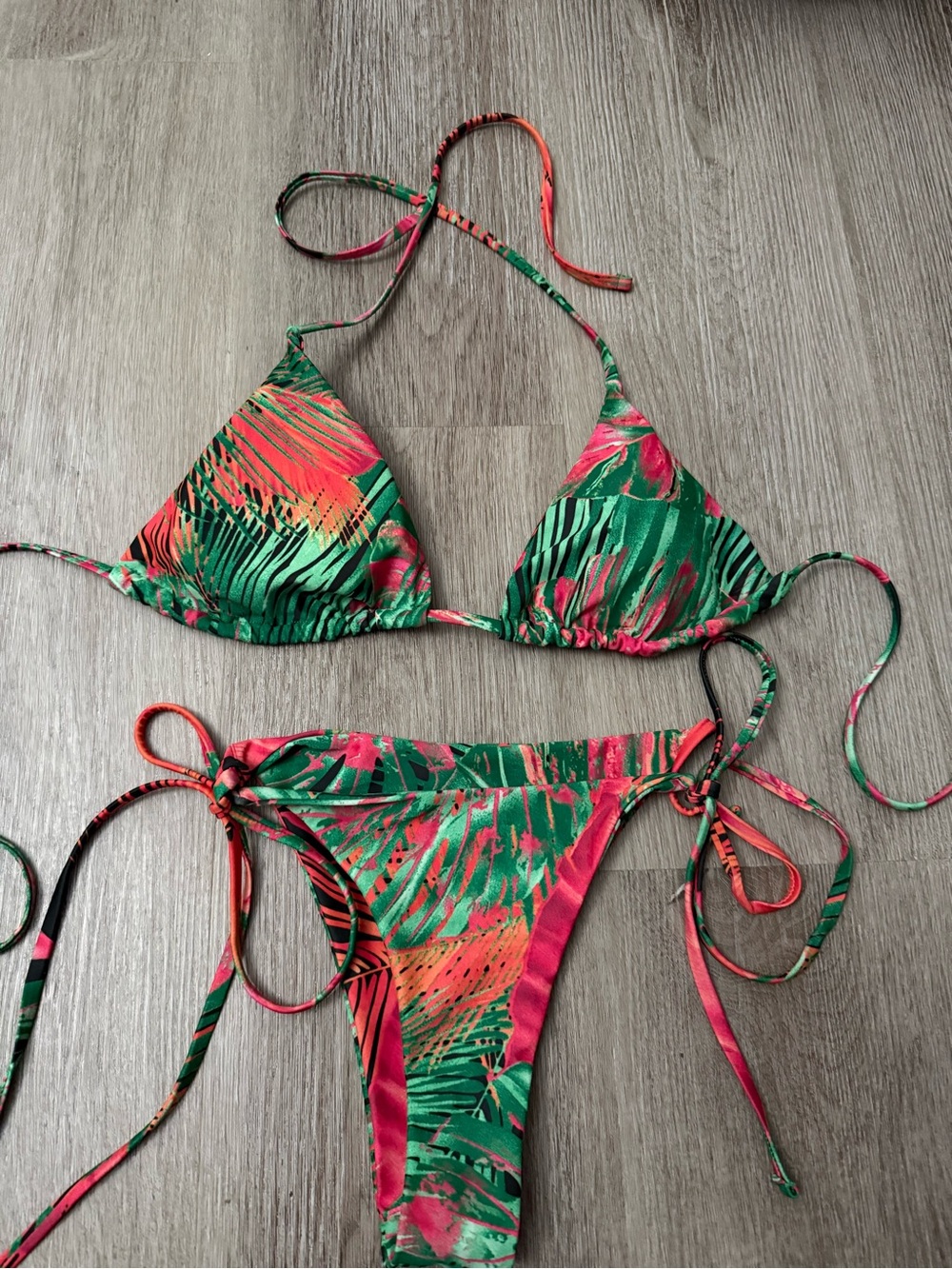 Tropical Print Green & Pink Tie-Side Bikini